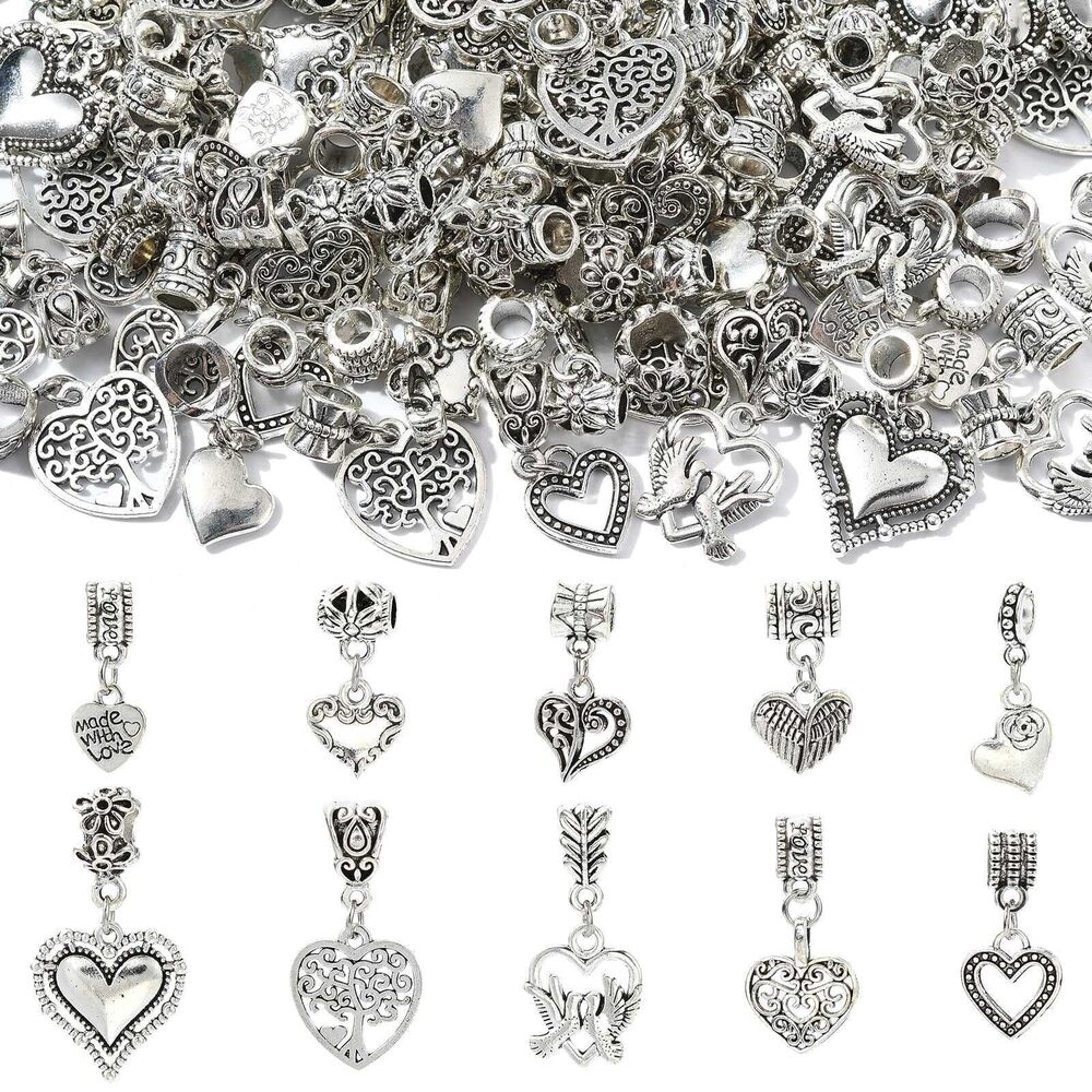 3520 100 pcs 10 Style Antique Silver Heart Tube Alloy Charms Vintage Hollow